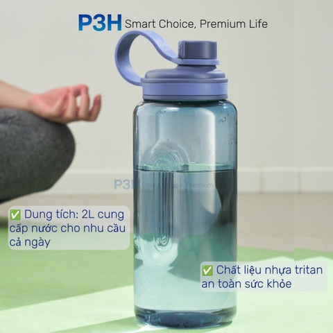 Bình nước thể thao nhựa Tritan Inochi Kita Sport dung tích lớn 2L nắp vặn dễ di chuyển P3H