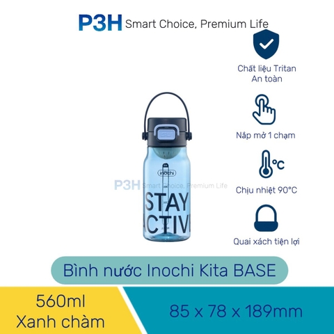 Bình Nước thể thao nhựa Tritan Inochi Kita Base dung tích 560ml/720ml nắp mở 1 chạm P3H