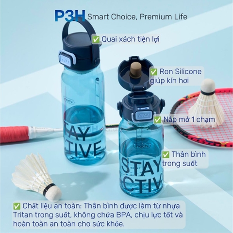 Bình Nước thể thao nhựa Tritan Inochi Kita Base dung tích 560ml/720ml nắp mở 1 chạm P3H