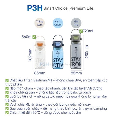 Bình Nước thể thao nhựa Tritan Inochi Kita Base dung tích 560ml/720ml nắp mở 1 chạm P3H