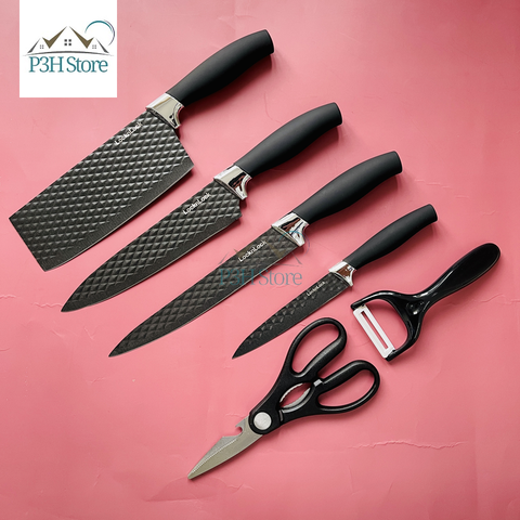 Bộ dao 6 món chống dính LocknLock bằng thép không gỉ 4 dao 1 bào 1 kéo CKK103S6