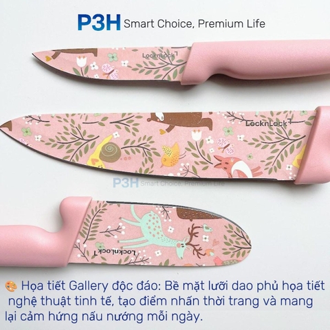 Bộ Dao Nhà Bếp 3 Món Lock&Lock Gallery CKK308S3 Họa Tiết Nghệ Thuật, Màu Hồng Pastel P3H Store