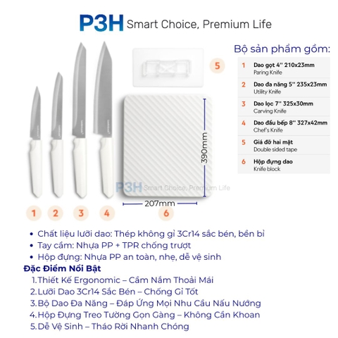 Bộ Dao Nhà Bếp 5 Món LocknLock Wall Mounted Knife Set CKK307S5 – Có Hộp Đựng Dán Tường, Màu Trắng P3H