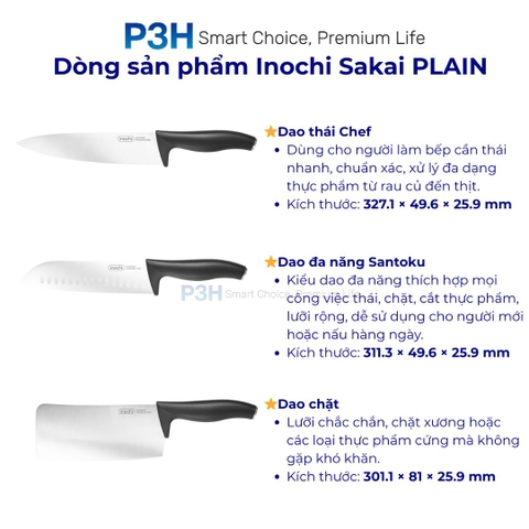 Dao thái Dao Santoku Dao gọt tỉa Kéo đa năng Inochi Sakai PLAIN chất liệu cao cấp sắc bén P3H