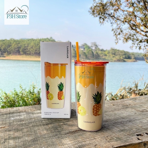 Ly nhựa 2 lớp LocknLock Cold Cup 600ml kèm ống nắp trượt đóng mở HAP523IVY 524RED HAP525IVY
