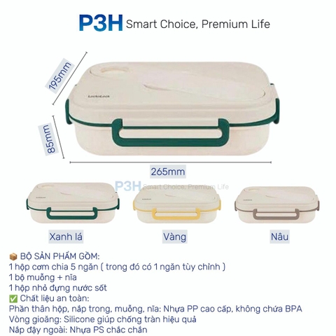 Hộp cơm LocknLock chia 5 ngăn kèm muỗng nĩa hộp sốt LCB952 dung được lò vi song tiện lợi an toàn dễ vệ sinh P3H