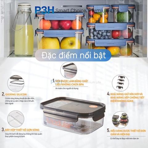 Hộp nhựa tritan Lock&Lock Bisfree Modular PLUS an toàn bảo quản thực phẩm kín hơi dễ dàng xếp chồng P3H