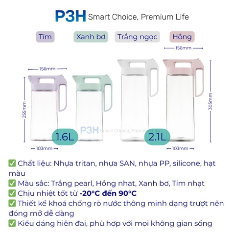 Bình Nước Nhựa Inochi Biwa Plus 1.6L / 2.1L An Toàn Thực Phẩm, Chịu Nhiệt Cao P3H