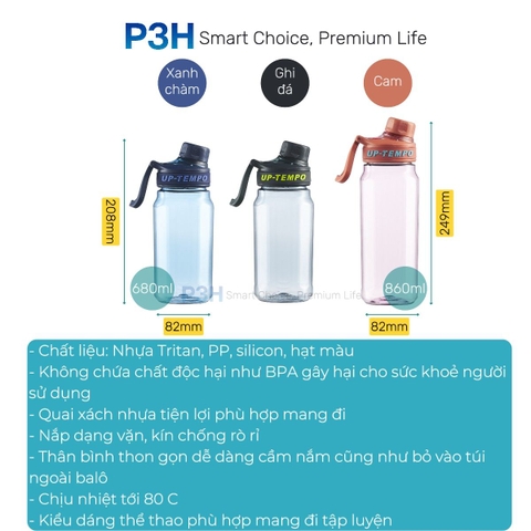 Bình nước thể thao nhựa Tritan Inochi Kita Whim 680ml/860ml nắp vặn kín nước, có quai xách tiện lợi P3H