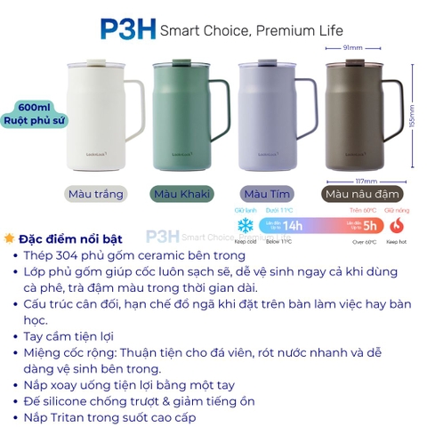 Ca Giữ Nhiệt LocknLock 600ml Phủ sứ Metro Ceramic Mug LHC4282 P3H