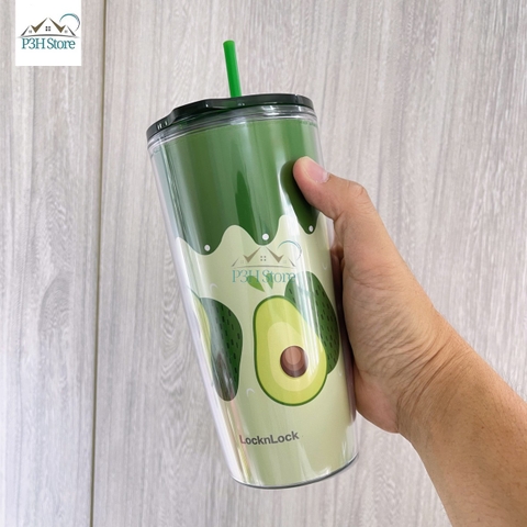 Ly nhựa 2 lớp LocknLock Cold Cup 600ml kèm ống nắp trượt đóng mở HAP523IVY 524RED HAP525IVY