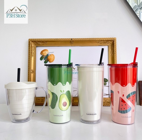 Ly nhựa 2 lớp LocknLock Cold Cup 600ml kèm ống nắp trượt đóng mở HAP523IVY 524RED HAP525IVY