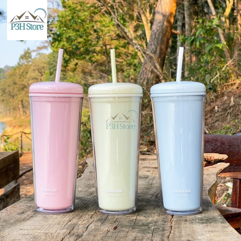 Ly nhựa 2 lớp LocknLock Macaron kèm ống hút HAP533 P3H Store
