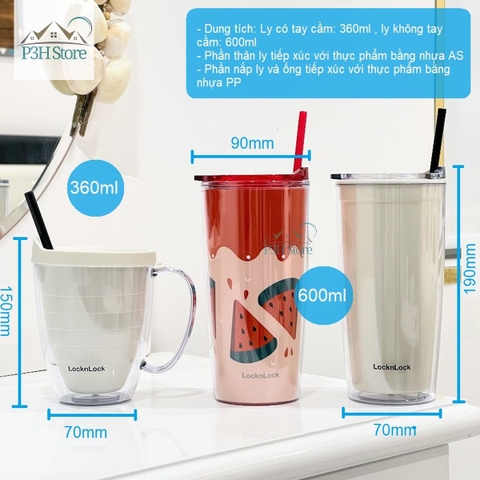 Ly nhựa 2 lớp LocknLock Cold Cup 600ml kèm ống nắp trượt đóng mở HAP523IVY 524RED HAP525IVY