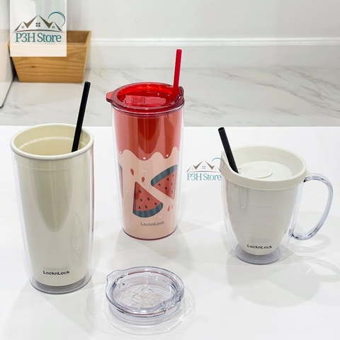 Ly nhựa 2 lớp LocknLock Cold Cup 600ml kèm ống nắp trượt đóng mở HAP523IVY 524RED HAP525IVY