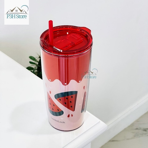Ly nhựa 2 lớp LocknLock Cold Cup 600ml kèm ống nắp trượt đóng mở HAP523IVY 524RED HAP525IVY