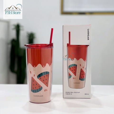 Ly nhựa 2 lớp LocknLock Cold Cup 600ml kèm ống nắp trượt đóng mở HAP523IVY 524RED HAP525IVY