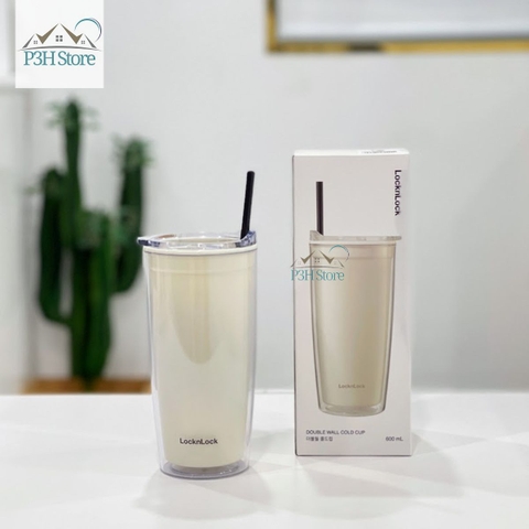 Ly nhựa 2 lớp LocknLock Cold Cup 600ml kèm ống nắp trượt đóng mở HAP523IVY 524RED HAP525IVY