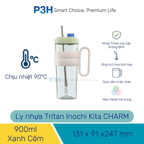 Ly nhựa Tritan Inochi Kita Charm dung tích 900ml quai xách cứng cáp đi kèm ống hút P3H
