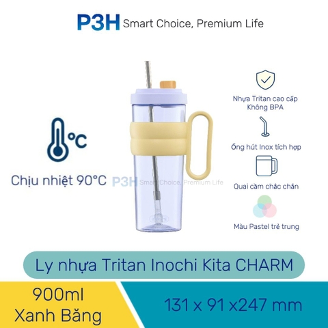 Ly nhựa Tritan Inochi Kita Charm dung tích 900ml quai xách cứng cáp đi kèm ống hút P3H