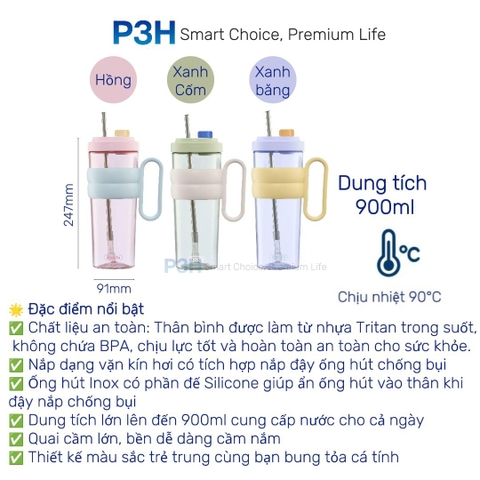 Ly nhựa Tritan Inochi Kita Charm dung tích 900ml quai xách cứng cáp đi kèm ống hút P3H