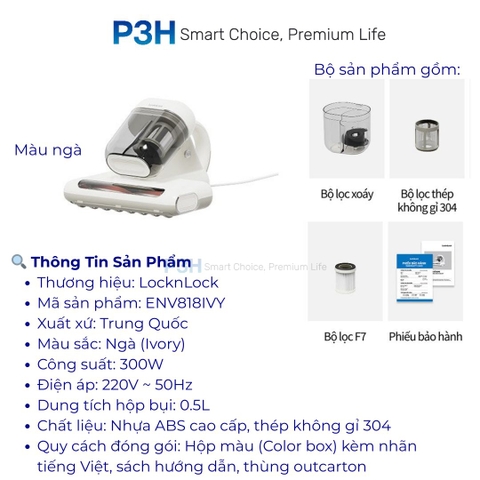 Máy Hút Bụi Giường Nệm LocknLock ENV818IVY 300W Diệt Khuẩn UV, Hút Sạch Mạt Bụi Hiệu Quả P3H