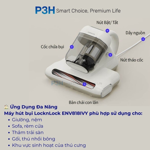 Máy Hút Bụi Giường Nệm LocknLock ENV818IVY 300W Diệt Khuẩn UV, Hút Sạch Mạt Bụi Hiệu Quả P3H