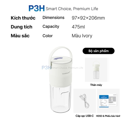 Máy Xay Sinh Tố Cầm Tay LocknLock 475ml với chức năng chân không giữ trọn hương vị EJJ346IVY P3H