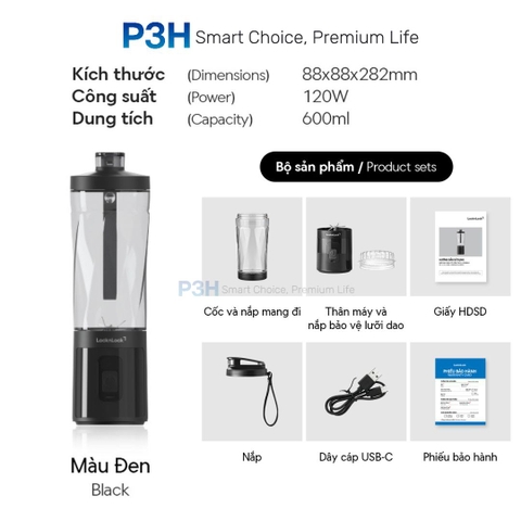 Máy Xay Sinh Tố Cầm Tay LocknLock 600ml EJJ356BLK  Gọn Nhẹ, Xay Nhanh, Tiện Lợi Mọi Lúc P3H