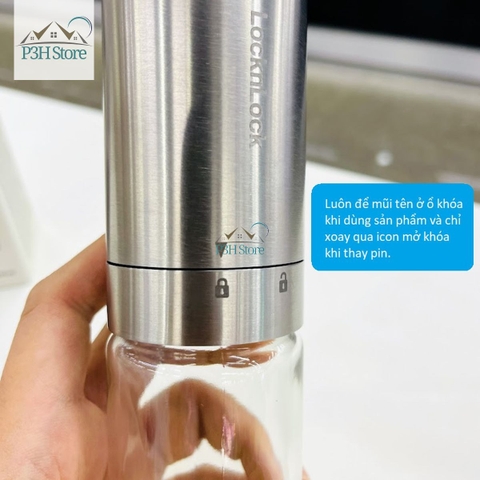Máy xay tiêu và muối LocknLock bình chứa thủy tinh tay cầm Inox dùng pin CKO117 P3H Store