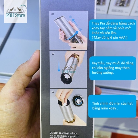 Máy xay tiêu và muối LocknLock bình chứa thủy tinh tay cầm Inox dùng pin CKO117 P3H Store