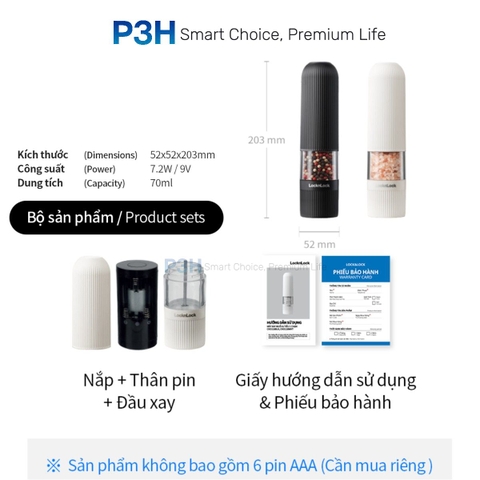 Máy xay muối và tiêu 1 chạm LocknLock One Touch Salt & Pepper Prinder, dung tích 70ml, màu trắng/đen CKO118