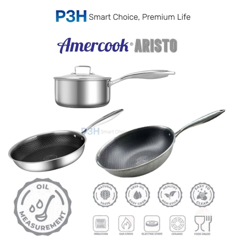 Nồi chảo Inox Chống Dính Amercook ARISTO Hybrid Tổ Ong chống dính vượt trội dùng được mọi loại bếp P3H
