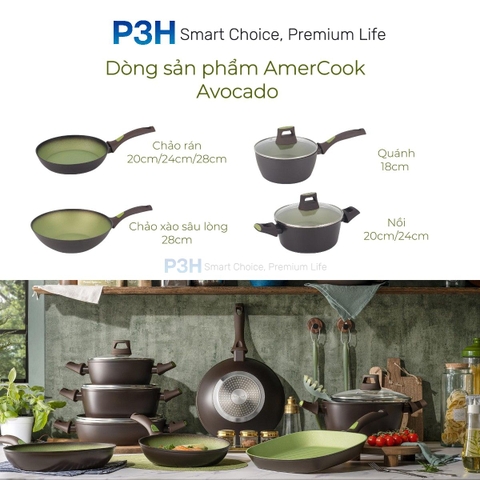 Nồi chảo chống dính nhôm rèn AMERCOOK AVOCADO chống dính vượt trội bền bỉ dùng được mọi loại bếp P3H