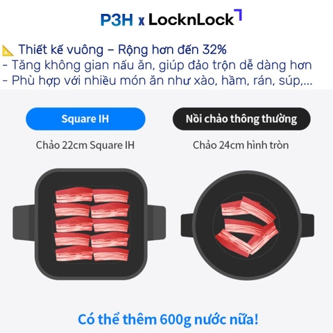 Nồi Chảo chống dính LocknLock Square-IH Thiết Kế Vuông Độc Đáo, Dùng được bếp từ, Nắp kính silicone tiện lợi P3H