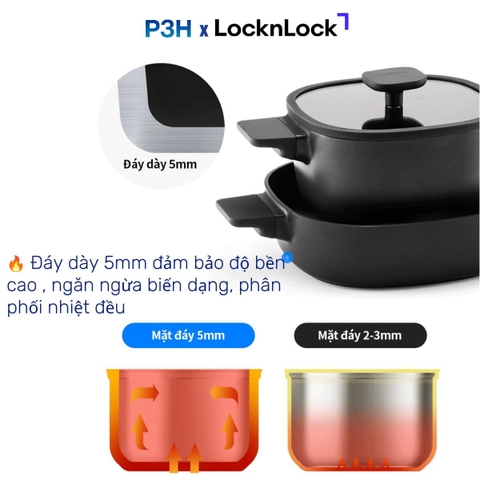 Nồi Chảo chống dính LocknLock Square-IH Thiết Kế Vuông Độc Đáo, Dùng được bếp từ, Nắp kính silicone tiện lợi P3H