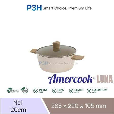 Nồi chảo chống dính phủ sứ Amercook LUNA dung được bếp từ lớp phủ sứ chống dính vượt trội P3H