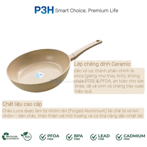 Nồi chảo chống dính phủ sứ Amercook LUNA dung được bếp từ lớp phủ sứ chống dính vượt trội P3H