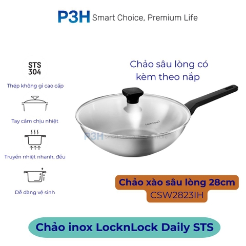 Nồi Chảo Inox chống dính LocknLock Daily STS PPW thân bằng thép không gỉ 304 tay cầm chịu nhiệt P3H