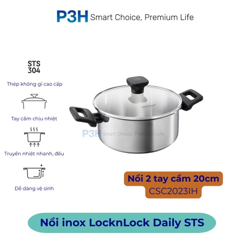 Nồi Chảo Inox chống dính LocknLock Daily STS PPW thân bằng thép không gỉ 304 tay cầm chịu nhiệt P3H