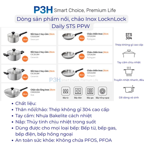 Nồi Chảo Inox chống dính LocknLock Daily STS PPW thân bằng thép không gỉ 304 tay cầm chịu nhiệt P3H