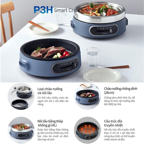 Nồi Điện Đa Năng LocknLock Nướng & Lẩu 2 Trong 1 nồi lẩu dung tích 4L Nồi ướng 26cm Xanh Navy EJP542NVY EJP544WHT