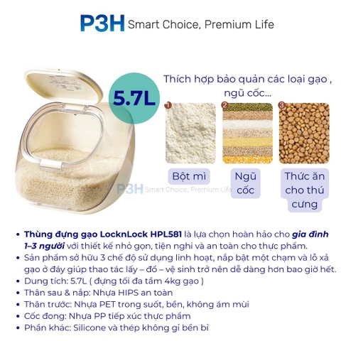 Thùng Đựng Gạo LocknLock 5.7L HPL581 kèm cốc đong – Thiết kế thông minh, tiện lợi cho mọi căn bếp P3H