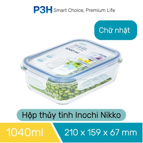 Hộp thủy tinh chịu nhiệt Nikko Inochi nắp trắng có lổ thoát hơi khóa 4 chấu chắc chắn P3H