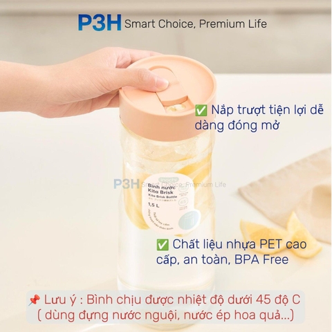 Bình đựng nước nắp trượt 1.5L Inochi Kita Brisk BPA FREE nhiêu màu dùng đựng nước ép hoa quả K2204 P3H