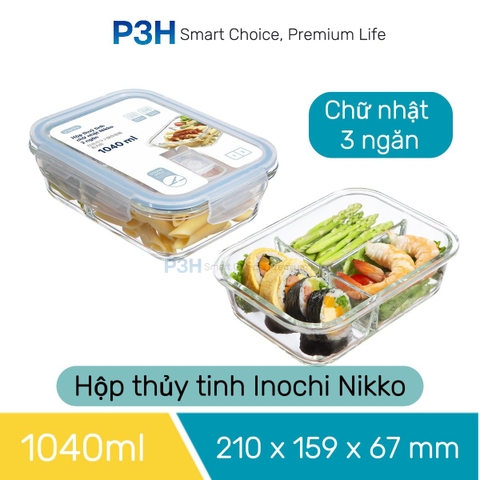 Hộp thủy tinh chịu nhiệt Nikko Inochi nắp trắng có lổ thoát hơi khóa 4 chấu chắc chắn P3H