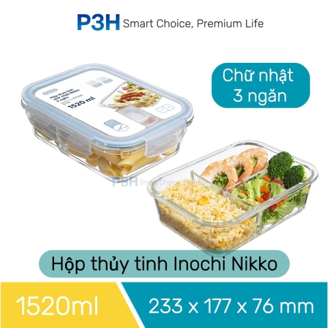 Hộp thủy tinh chịu nhiệt Nikko Inochi nắp trắng có lổ thoát hơi khóa 4 chấu chắc chắn P3H