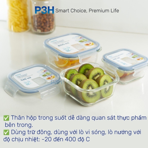 Hộp thủy tinh chịu nhiệt Nikko Inochi nắp trắng có lổ thoát hơi khóa 4 chấu chắc chắn P3H