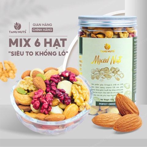 Hạt dinh dưỡng mix 6 loại TANU NUTS ,hạt ngũ cốc bà bầu gồm macca, óc chó vàng - đỏ, hạnh nhân, bí xanh, hạt điều