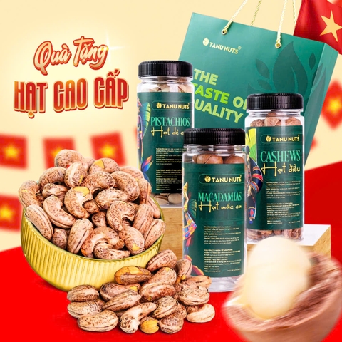 Set quà 3 hũ hạt 250g TANU NUTS, quà tặng hạt dinh dưỡng gồm macca, điều, dẻ cười, xoài sấy sang trọng.